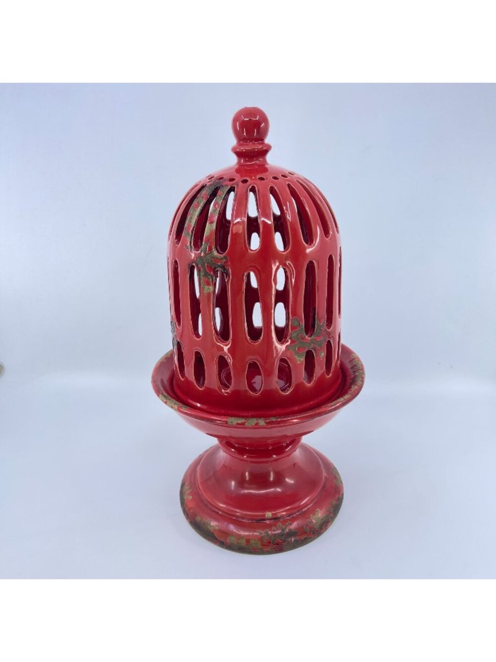 vintage red ceramic birdcage decorative candle holder with distressed finish